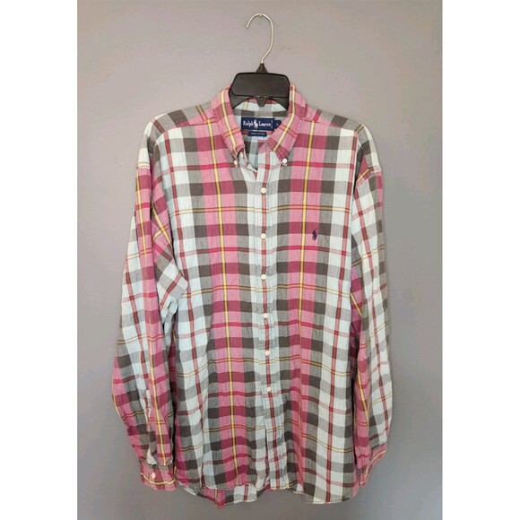 VTG Ralph Lauren Flannel Shirt Men's L Red Gray Long Sleeve Plaid Button Down - Picture 2 of 5